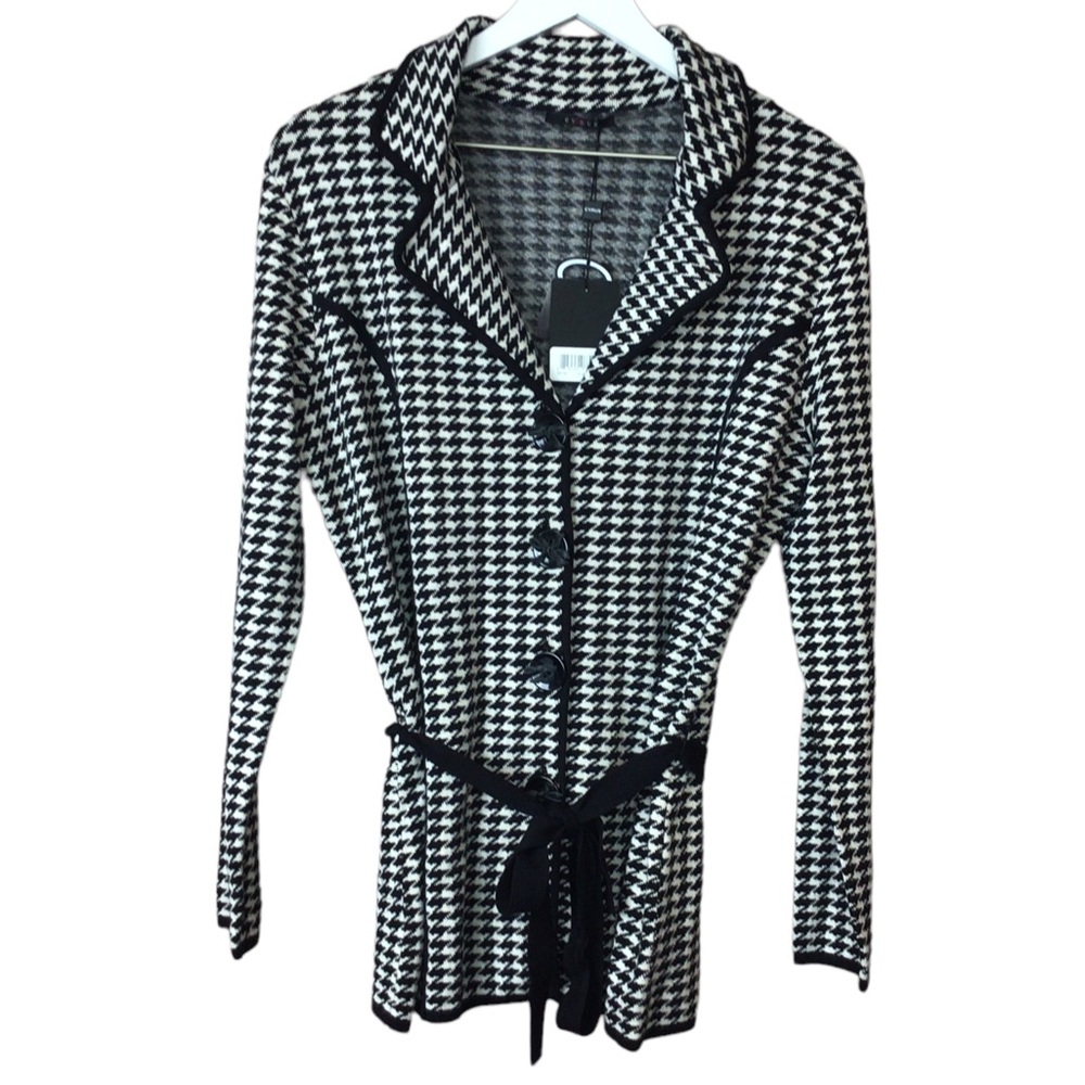 Cyrus Knits Black White Houndstooth Button Belted Jacket Women Sz M Nwt